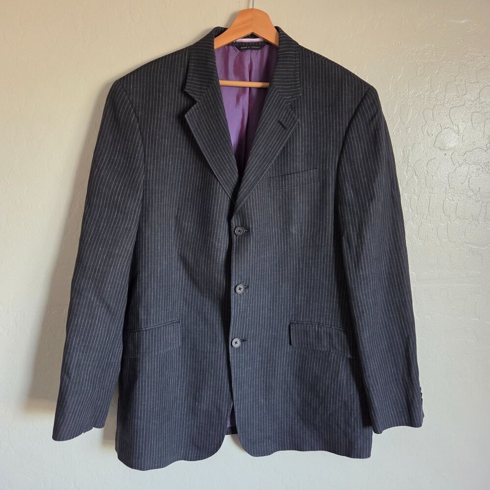 Banana Republic Vintage Y2K 100% Linen Pinstripe Blazer Black 44R Purple Lining